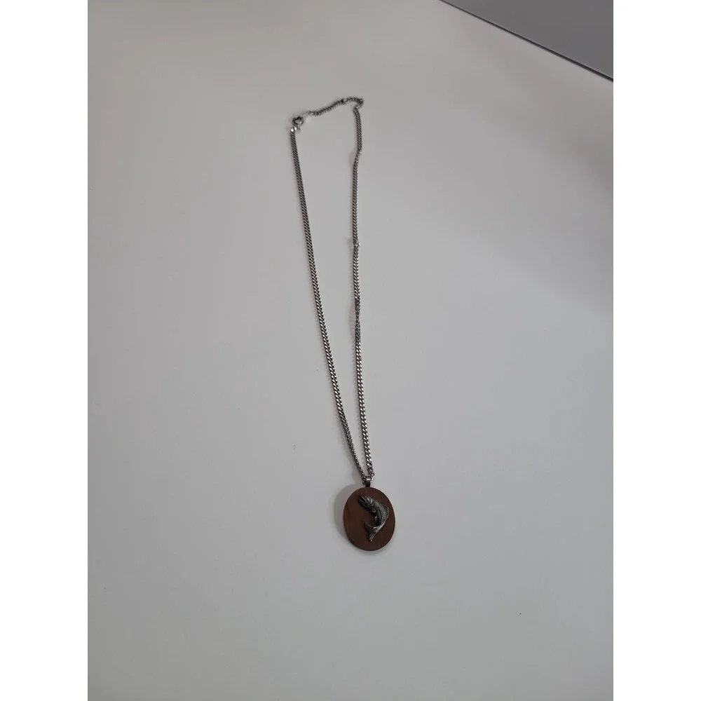 Wooden Tone Silver Tone Fish Pendant Necklace Trout Fishing Outdoors Sportsman